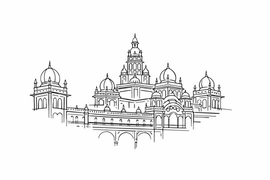 Mysore Palace Karnataka Line Art Illustration, Detailed Black and White Drawing of Famous Indian Royal Palace with Domes, Towers, Arches and Ornate Indo-Saracenic Architecture	