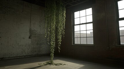 Hanging vines in an industrial interior space.