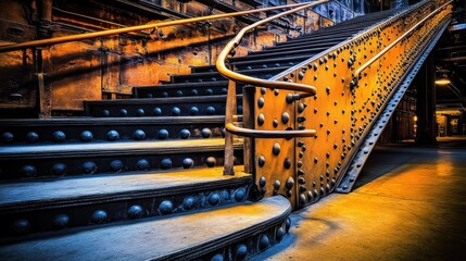 Ornate, industrial staircase with studded metal treads.