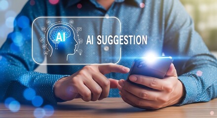 Artificial Intelligence Mobile App Concept with Person Interacting with AI Suggestion Interface on Smartphone