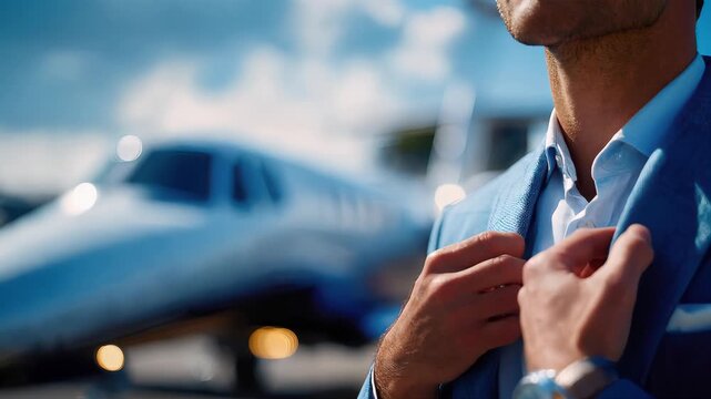 Businessman in suit boarding a private jet, luxury business travel and executive lifestyle
