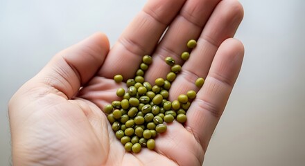 Hand holding green mung beans