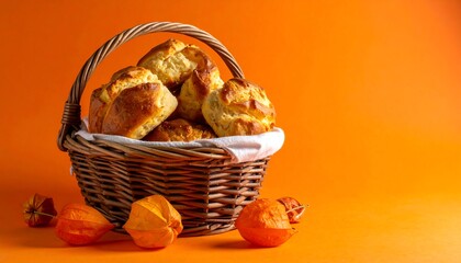 Basket of Freshly Baked Breads on Orange Background.