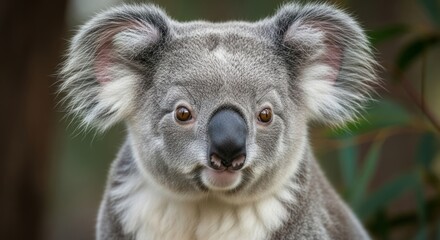 Fototapeta premium Koala resting on a eucalyptus tree branch, showing fluffy fur and round ears. An iconic marsupial native to Australia, known for its calm behavior and arboreal lifestyle.