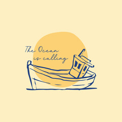 Ocean boat vintage hand drawn vector illustration