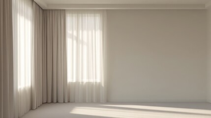 empty minimalist interior room with soft light coming through sheer curtains, neutral beige and light grey palette, no furniture, clean walls, quiet