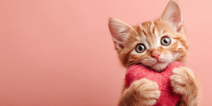 Cute Red Kitten Holding Heart-Shaped Toy on Pastel Background for Valentine's Day & Love Themes