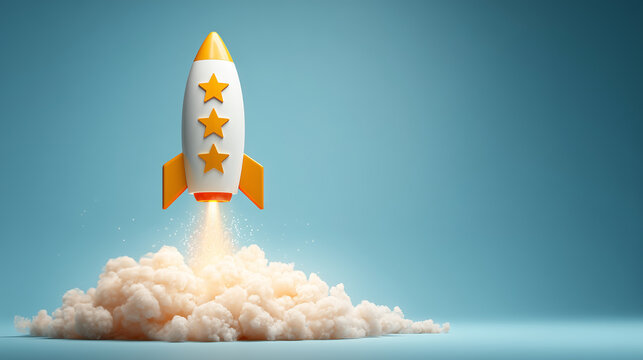 Rocket launching with three stars symbolizing top ratings and customer satisfaction
