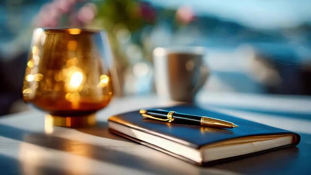 Cozy winter morning workspace with notebook, pen and warm light by the window
