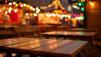 Empty Wooden Tables at Festive Outdoor Market