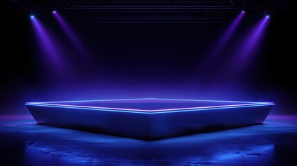 Glowing neon podium with sharp edges, electric blue and violet light, dark futuristic environment, cyber aesthetic, digital art inspired runway
