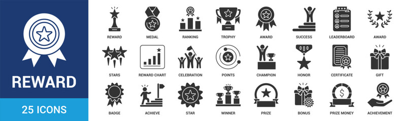 Reward icon set. Containing reward, medal, ranking, trophy, award, success and more. Glyph vector icons collection.