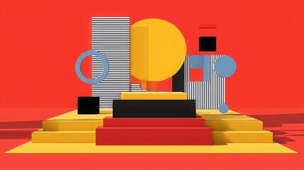 Graphic podium with bold geometric shapes, primary color palette, modern art inspired stage, flat color background, creative commercial design