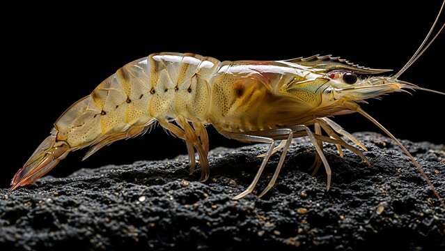Close-up studio shot of a single freshwater shrimp with translucent body and visible antennae resting on a dark textured surface against a black background.