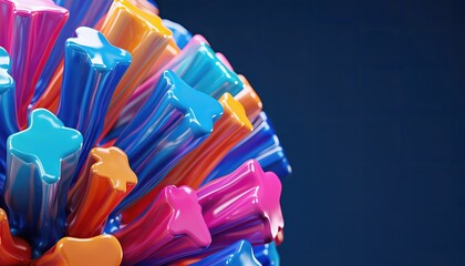 A cluster of simplified glossy coral fragments in an energetic vibrant color palette against a dark blue background