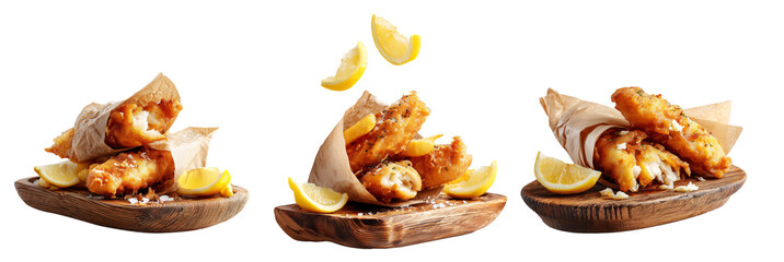 Obraz premium Set of Battered fish fillets wrapped in paper with lemon wedges on wooden board on white background. Australia Fish and Chips