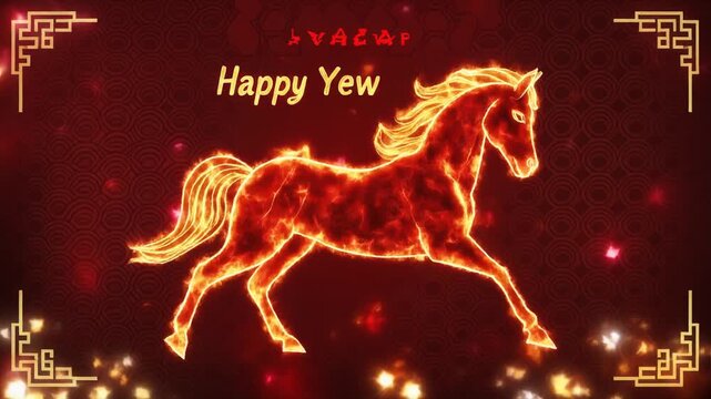 A glowing fiery horse in motion set against a dark red background with ornate golden corner motifs, red stylized text above, and yellow "Happy Yew" text below in a festive zodiac theme.
