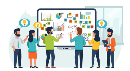 Business professionals collaborating on a project with charts and graphs on a large screen display in a modern office environment from a slight angle viewpoint