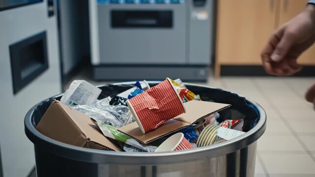 In the break room, a man throws a used paper cup into a metal trash receptacle. The bin is overflowing with paper, food wrappers and cups. It appears to be daytime.