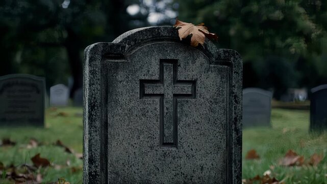 Weathered gravestone with a carved cross in a quiet cemetery, evoking themes of mortality, remembrance, religion, and peaceful reflection
