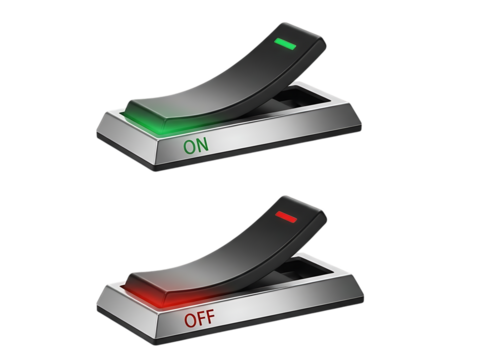 Two gray toggle switches isolated on transparent background with green and red indicators - Powered by Adobe