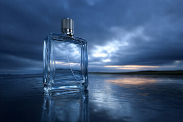 Obraz premium Elegant cologne bottle shining on dark reflective surface at twilight Generative AI