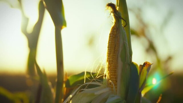 A ripe corn cob with bright yellow kernels stands out in a vast countryside cereal plot under autumn sunlight, embodying a growth stage prior to harvest