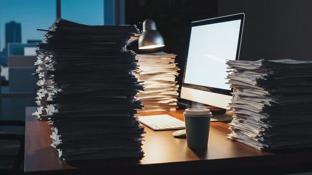 Light shifts outside office windows. Piles of documents multiply next to a computer displaying graphs. Hot drinks appear. A worker tirelessly progresses.