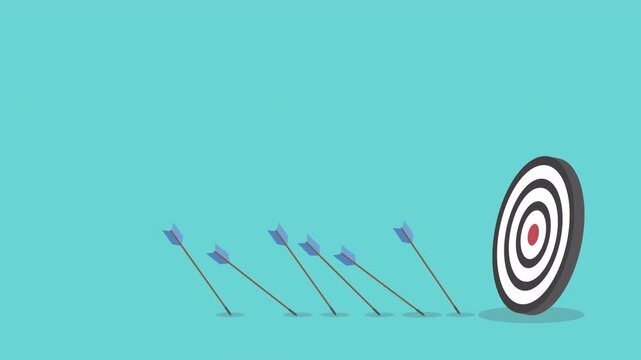 Business challenge failure and success concept. Blue arrows missed hitting target and only red one hits the center.	