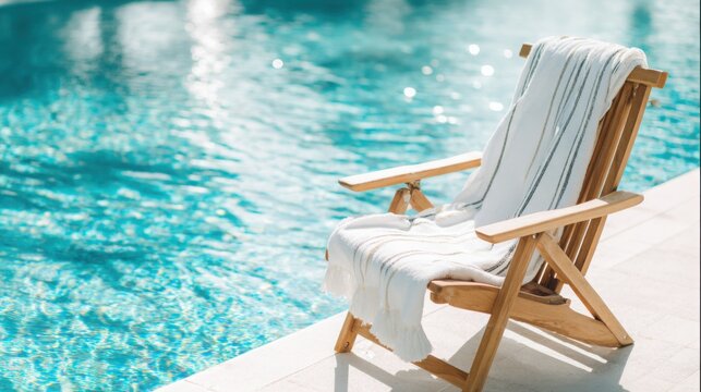 Poolside chair with white towel overlooking sparkling swimming pool, modern travel marketing style, clean lines, bright summer colors, space for text