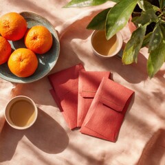 Flatlay of red envelopes with oranges and tea on a table