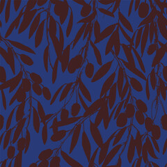 Obraz premium Olive tree branches seamless pattern with leaves and berries ink silhouettes in blue and dark brown. For food and drink background