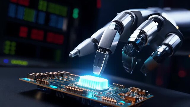 Robotic hand hovering over a microchip, illustrating artificial intelligence, precision robotics, and next-generation technology integration
