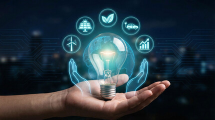 Fototapeta premium Sustainable energy innovation concept with glowing light bulb, renewable icons and global eco technology growth symbolizing green business and clean power future.
