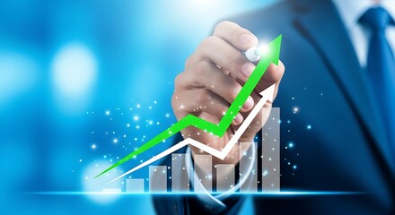 Businessman drawing a growing financial graph with an upward green arrow on a virtual interface, symbolizing stock market success and economic profit growth.