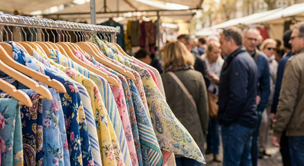 Fototapeta premium Colorful shirts hanging at outdoor market with people shopping nearby 
