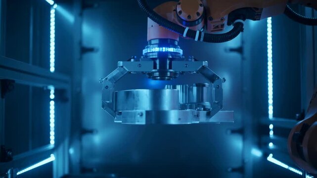 Industrial Robotic Arm Picking Up Metal Part in Modern High Tech Factory