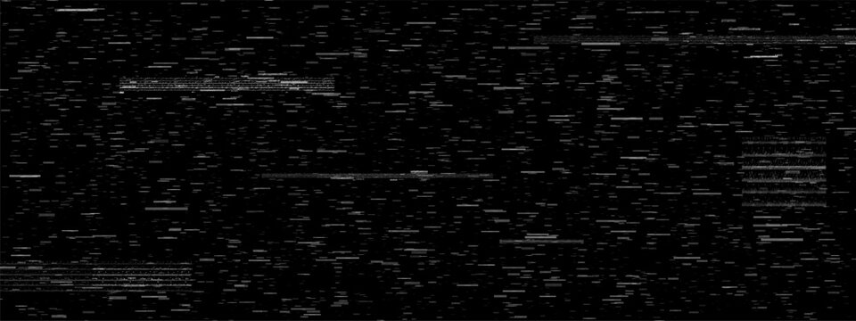 Cvtv noise texture. Tv filter effect with glitch scratch. Vintage vhs for film or game. White 90s horror pattern on black background.  Pixel and line grain interference horizontal television overlay.