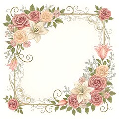 Vintage floral frame with pink roses and decorative leaves