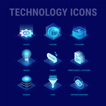 Technology icons set for workflow diagram - AI system, AI integration, AI platform, data, insights, prompt outcomes, filter, continuous monitoring - high quality isometric vector