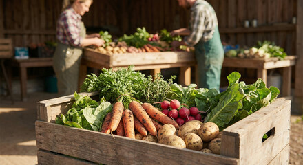 Farmers sorting fresh vegetables in wooden crate during spring  