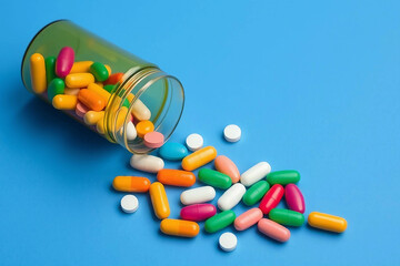 Bottle of pills on a blue background. Multicolored pills are pouring out of the bottle