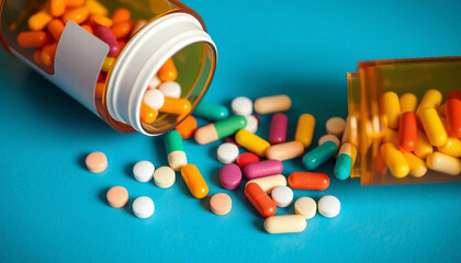 Assorted pills. Multicolored pills spill out of a pill bottle