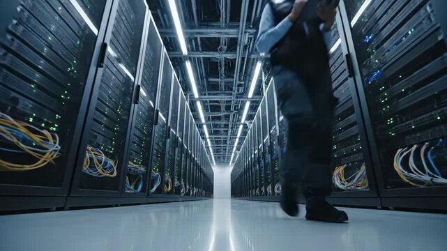 In a dimly lit data center, a technician navigates through rows of servers, monitoring systems and ensuring smooth operations while the world sleeps. A blend of technology and dedication shines here.