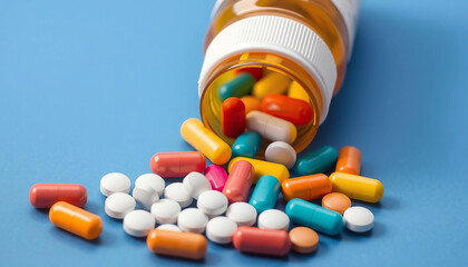 Assorted tablets. Multi-colored tablets spill out of a bottle of pills