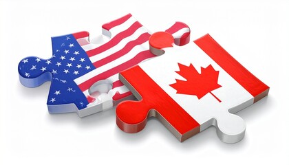 Naklejka premium Two interlocking puzzle pieces featuring the flags of the United States and Canada, symbolizing cooperation and partnership, set against a clean background with a focus on color and connection.