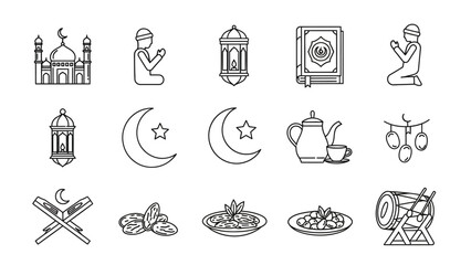 Fototapeta premium A comprehensive collection of line art icons depicting various elements and traditions associated with the holy month of Ramadan and Islamic cultural celebrations