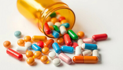 Multicolored pills are pouring out of the bottle