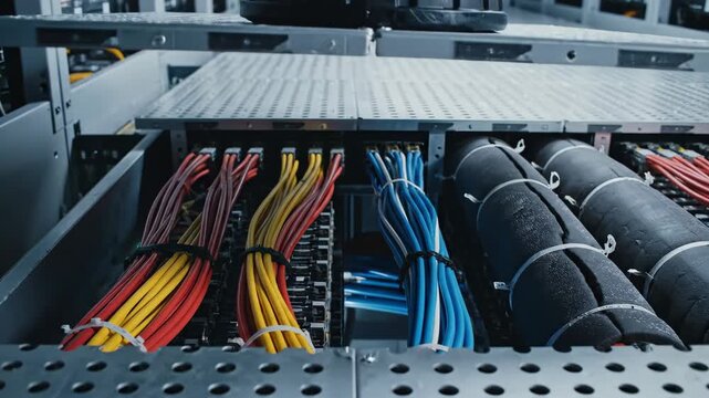 Expert hands use a magnetic tool to organize colorful cables in a sleek tech environment. This showcases efficient workspace design and careful planning in action.