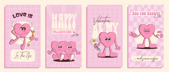 Cute Groovy Heart Character Template Set for Social Media Stories. Valentine's Day Vector Illustration.